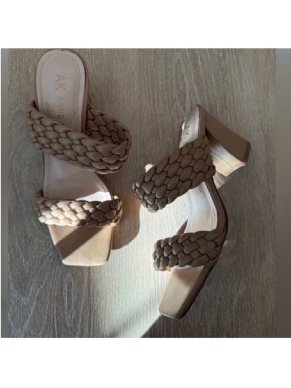 Anne Klein Braided Double-Strap Block Heel Mules in Taupe
